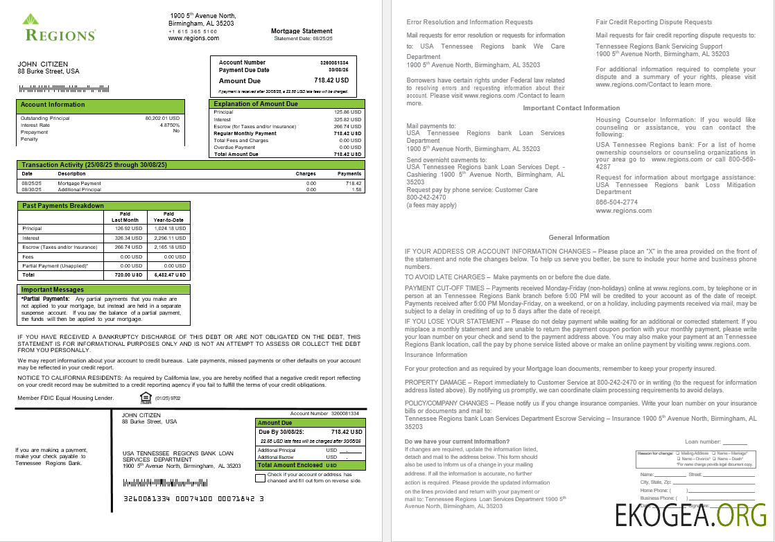 Relevé d'hypothèque bancaire des régions du Tennessee aux États , Unis aux formats Word et PDF